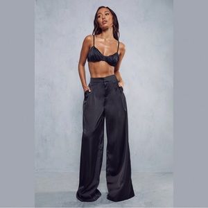 House of Harlow 1960 Pleated Wide-Leg Black Satin Trousers, size XS